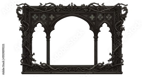 Gothic Dragon Archway Frame with Ornate Filigree and Floral Accents
