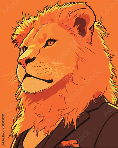 A lion stands proudly wearing a black suit. The background is bright orange, adding vivid colors to the scene.