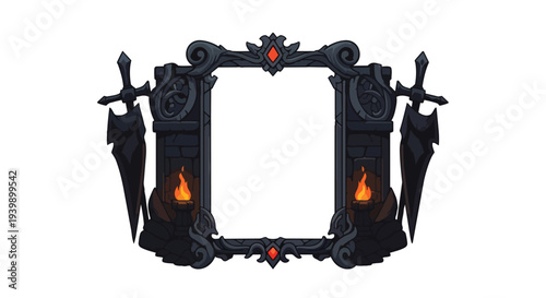 Dark Fantasy Game Frame with Swords and Fire, Medieval Border