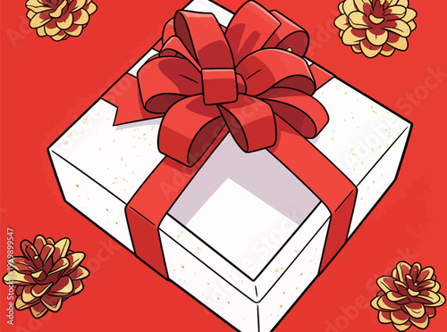 A gift box sits in the center with a red bow on top. The background is red with flower designs, creating a festive look.