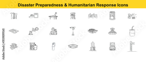 Disaster preparedness and humanitarian response icons representing a range of emergency services and support in the face of crisis. 