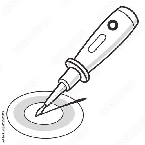 Close up of soldering iron tip with solder on a circular pad, electronic component assembly, precise welding in technology