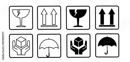 Shipping handling icons including fragile, this side up, keep dry, and handle with care. Fragile sign icon set