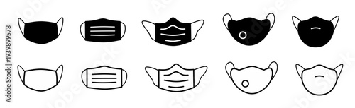 Face mask icon set collection including medical surgical masks and reusable fabric masks in black and white line art