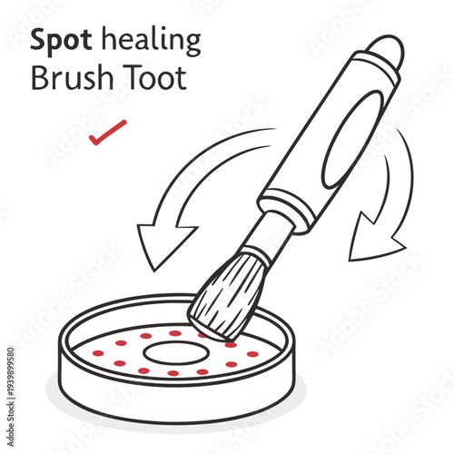 Spot healing brush tool demonstration showing correct usage on petri dish with red markers and instructional arrows for digital editing technique