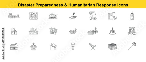 A visual collection of disaster preparedness & humanitarian response icons. Showing vital illustrations, which helps in efficient and effective communication.