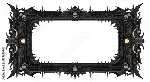 Gothic Ornate Rectangular Frame with Skulls, Bats, and Crescent Moons