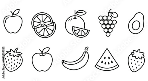fruit icons set, simple line drawing style collection of apple banana orange strawberry pineapple grape watermelon mango cherry pear lemon peach kiwi avocado papaya clean outline vector for healthy fo