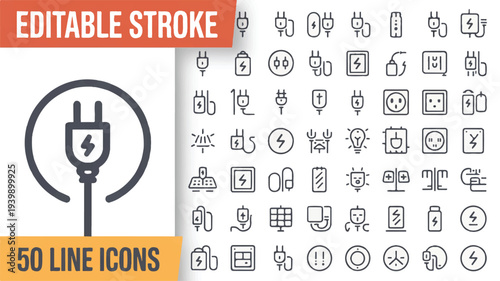 Vector illustration showcasing icons related to electricity and energy in a modern editable format