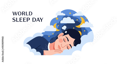 Illustration for World Sleep Day 2026 promoting healthy sleep concept and sleep health awareness campaign with a sleeping person under stars and moon.