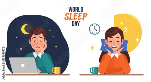 Vector illustration of people struggling with sleep health awareness on World Sleep Day 2026 for a healthy sleep concept and awareness campaign design