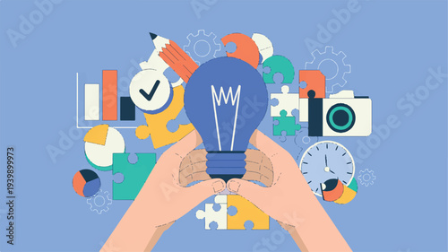 Hands holding a lightbulb surrounded by creative icons and symbols representing innovative ideas and problem-solving concepts