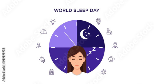 Vector illustration for World Sleep Day 2026 promoting healthy sleep concept and sleep health awareness with a woman sleeping peacefully surrounded by symbols representing daily activities