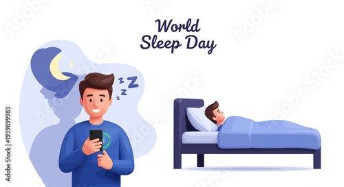 Illustration for World Sleep Day 2026 promoting healthy sleep concept and sleep health awareness with a person sleeping in bed and another checking phone at night.