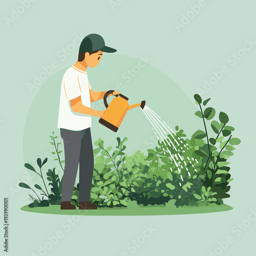 Man watering plants and bushes in a green garden with a hose , vector style simple color