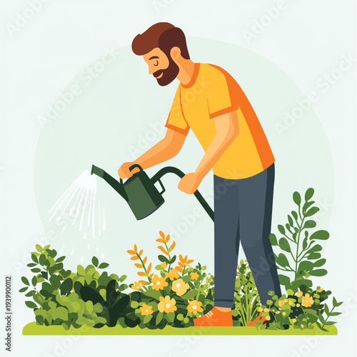 Man watering plants and bushes in a green garden with a hose , vector style simple color