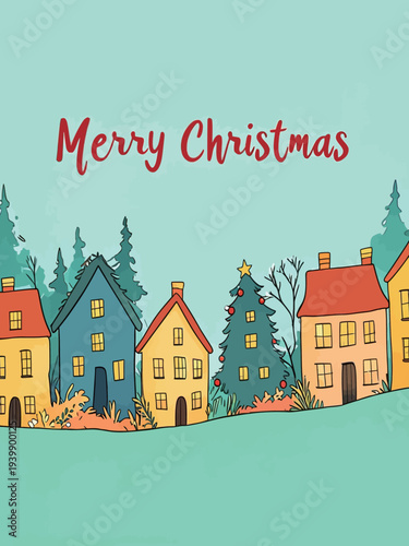 Houses in different colors line a hillside with a Christmas tree. The greeting Merry Christmas is displayed above the scene.