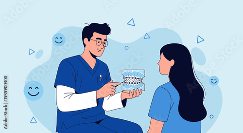 Dentist showing teeth model with braces to patient, dental consultation, oral hygiene concept