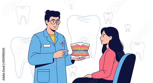 Dentist showing teeth model to patient, dental consultation, oral hygiene concept