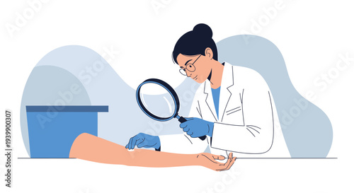 Dermatologist examining skin condition with magnifying glass, medical checkup concept