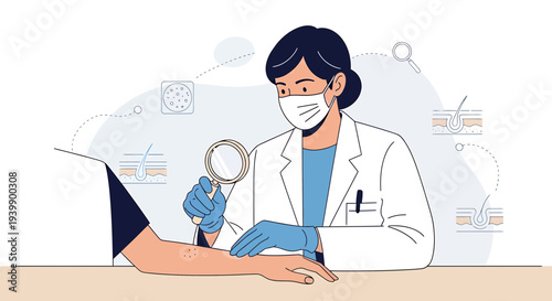 Dermatologist examines skin condition with magnifying glass, medical illustration