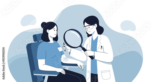 Dermatologist examining patient's skin with magnifying glass, medical check-up, healthcare concept