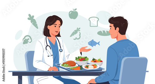 Dietitian consulting patient about healthy food choices and nutrition plan at table