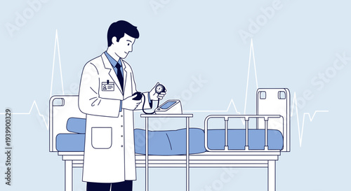 Doctor checks patient's blood pressure in hospital room with EKG monitor