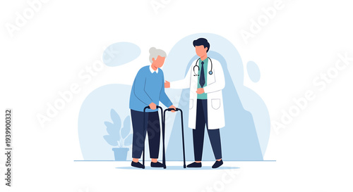 Doctor assisting elderly woman with walker, healthcare and support concept
