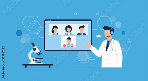 Doctor conducting online medical consultation via video conference with patients