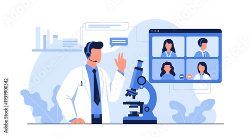Doctor conducting online medical consultation with patients via video conference, microscope on desk