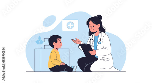 Doctor consulting child patient in clinic, healthcare and medical checkup concept