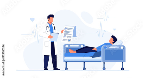 Doctor consulting patient in hospital bed, medical checkup, healthcare concept
