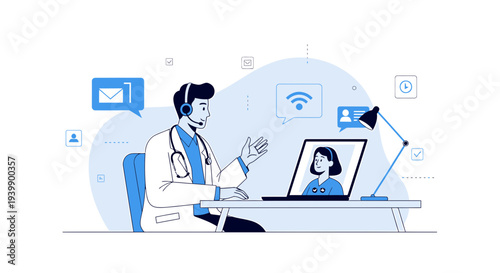 Doctor consulting patient online via video call, telemedicine and healthcare concept