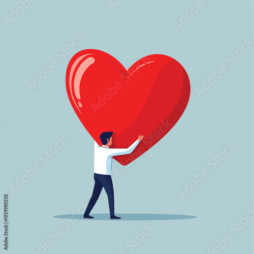 Businessman carrying a huge heart, symbolizing emotional burden and stress , vector style simple color