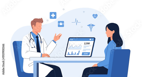 Doctor consulting patient with digital tablet showing medical data and charts