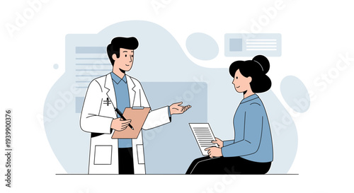 Doctor consults patient in clinic, discussing medical report, healthcare concept