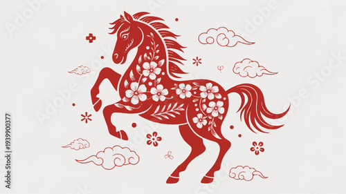 Traditional Chinese paper cut art design of a horse with floral patterns in dynamic pose surrounded by clouds