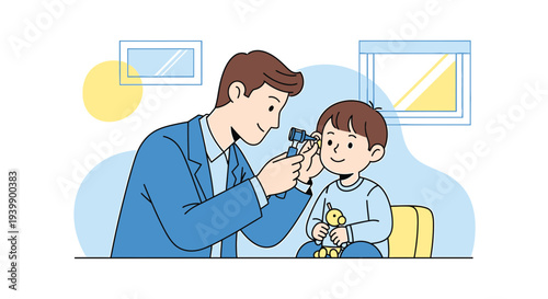 Doctor examining child's ear with otoscope, healthcare checkup, medical examination, pediatrician