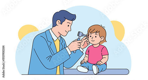 Doctor examining child's ear with otoscope, pediatric healthcare checkup, medical examination