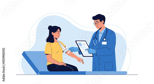 Doctor examining patient's arm with blood pressure cuff and tablet in clinic