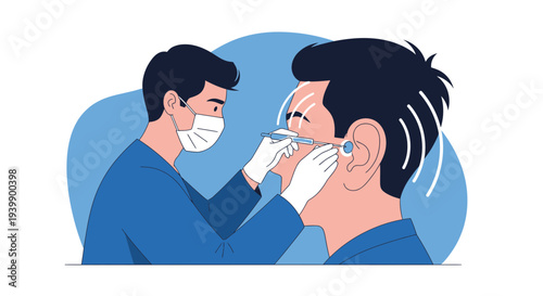 Doctor examining patient's ear with otoscope, hearing test, medical checkup, healthcare concept