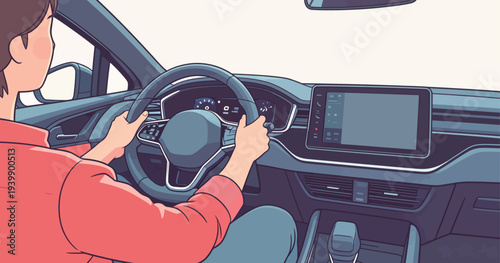 A person is driving a modern car with hands on the steering wheel. The dashboard shows a digital display. The setting is bright and clean.