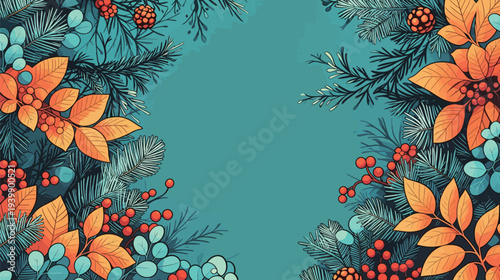 Leaves and berries in shades of orange, green, and red create a border on a blue background, highlighting the change of seasons.