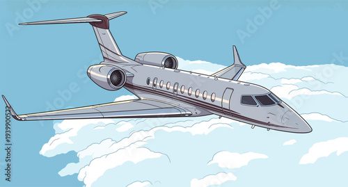 A jet moves through the sky surrounded by clouds on a sunny day. It shows the beauty of flight and travel from above.