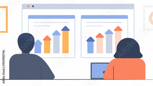 Two professionals analyzing data on a large screen with rising graph charts