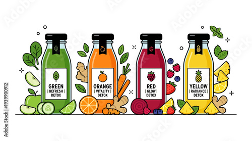 Flat vector illustration of colorful detox juice bottles with labels showing lemon, mint, cucumber, and berries