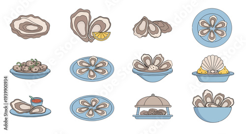 Oyster seafood icons set, fresh raw oysters with lemon and sauce on plates illustration