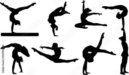 Gymnastics Action Silhouettes Acrobatic Sport Vector Set Athletic Movement Icons