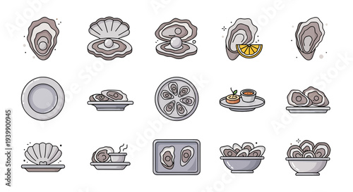 Oyster and pearl icon set, fresh seafood platter with lemon and sauce illustration